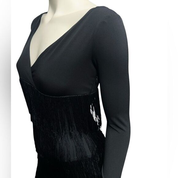 Muse for Boston Proper Black Long Sleeve Dress with Fringe Vneck Flapper Dress - Picture 4 of 10